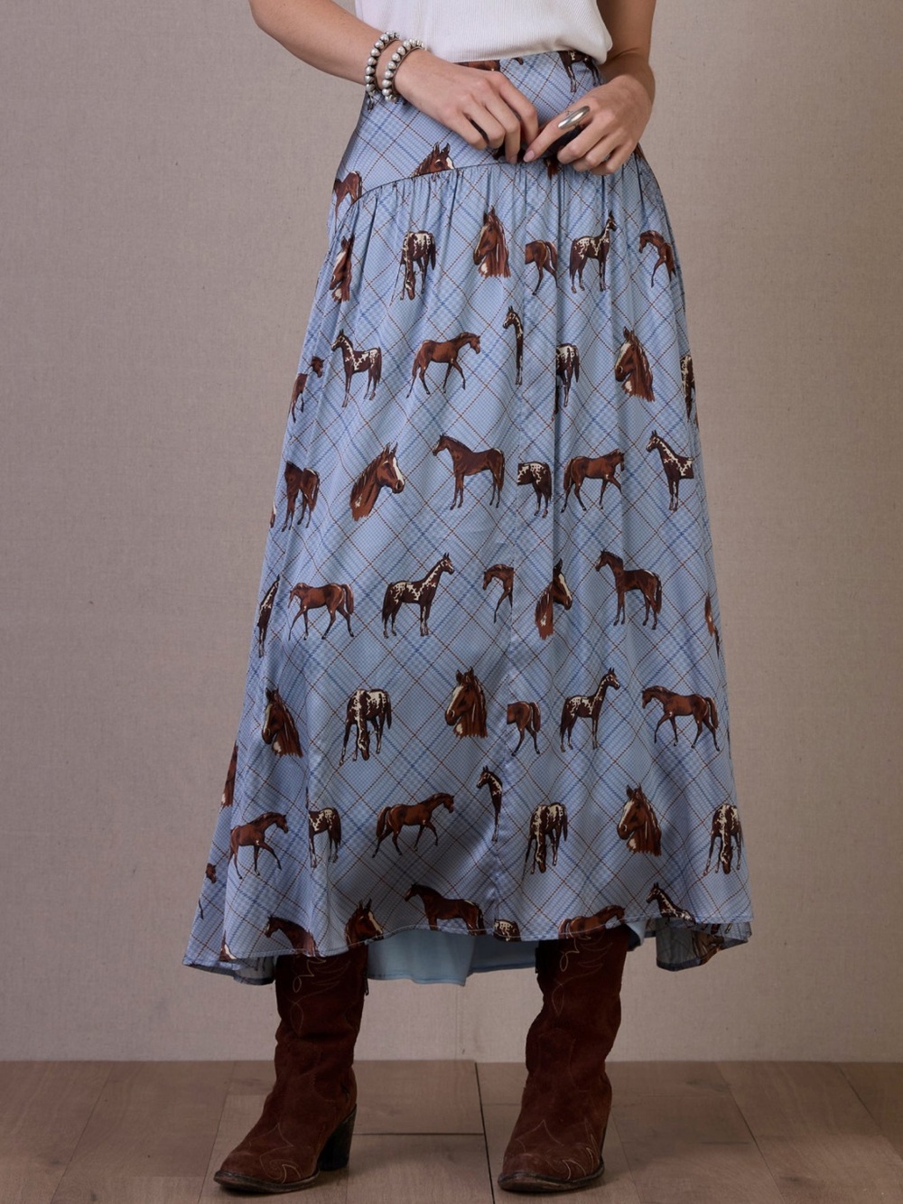 Double D Women's Horse Print Maxi Skirt in Light Blue and Brown - Picture 2 of 7